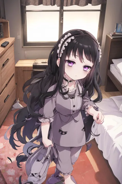 <lora:hardgore2:1.0>, hardgore alice, hairband, bags under eyes, purple eyes, black hair, indoors, bedroom, <lora:pajamas-10:0.6>, pajamas