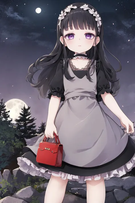 <lora:hardgore2:0.6>, hardgore alice, hairband, black dress, bags under eyes, purple eyes, black hair, outdoors, full moon