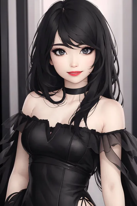 Emiru, long black hair, makeup, eyeliner, smile, bare shoulders, neck choker,
<lora:EmiruV2:0.8> solo, realistic, looking at viewer,
<lora:add_detail:-0.5>
