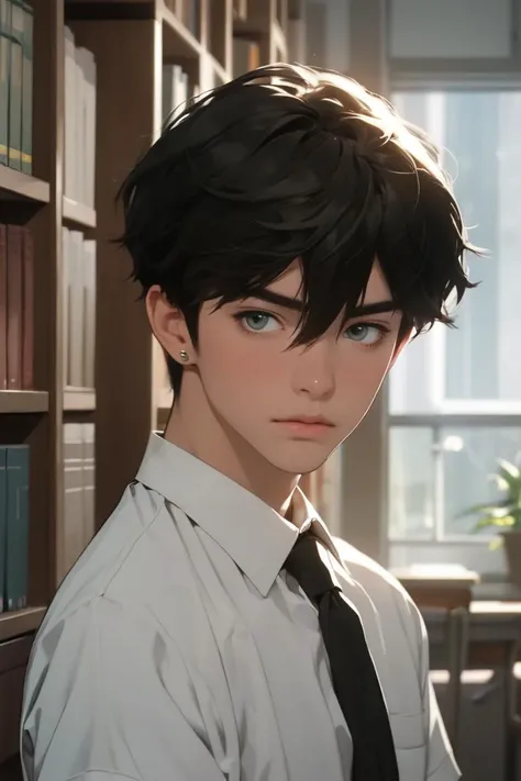 masterpiece, best quality, 1boy, male focus, danheng, black hair, (green eyes), hair between eyes, school uniform, necktie, white shirt, short sleeves, white collar, upper body, looking at viewer, indoors, school, library, books, windows, professional illustration, hires, <lora:danheng:0.6>