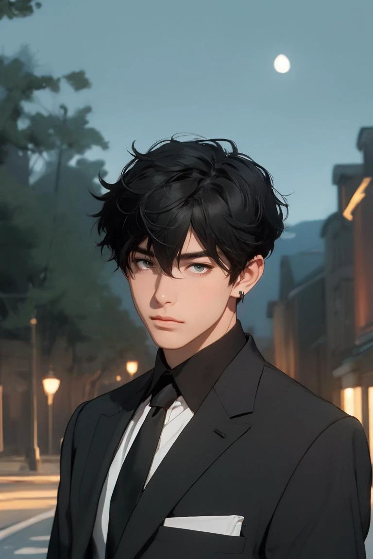 masterpiece, best quality, 1boy, male focus, danheng, black hair, green eyes, hair between eyes, earrings, business suit, necktie, upper body, looking at viewer, outdoors, mansion, night, starry night, professional illustration, hires, <lora:danheng:0.6>