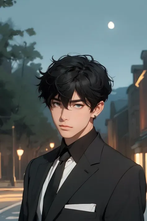 masterpiece, best quality, 1boy, male focus, danheng, black hair, green eyes, hair between eyes, earrings, business suit, necktie, upper body, looking at viewer, outdoors, mansion, night, starry night, professional illustration, hires, <lora:danheng:0.6>