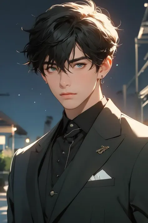 masterpiece, best quality, 1boy, male focus, danheng, black hair, green eyes, hair between eyes, earrings, business suit, upper body, looking at viewer, outdoors, mansion, night, starry night, professional illustration, hires, <lora:danheng:0.6>