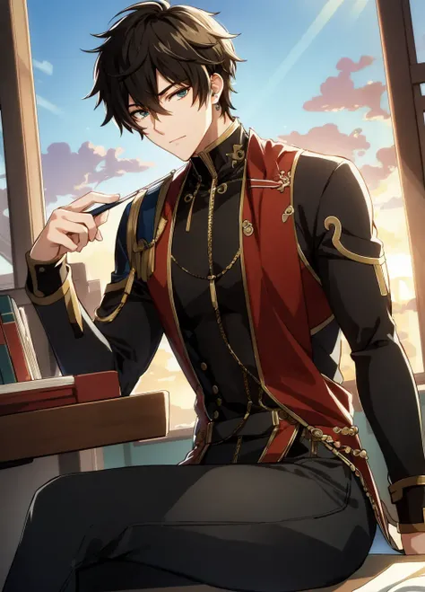 best quality, masterpiece, highres, male focus, 1boy, solo, bara, black hair, danheng, green eyes, detailed face, highly detailed, beautiful, beautiful lighting, blush, bulge, god rays, light rays, party, depth of field, formal, (Eachcolorblockisclearlydistinguished:1.1), red eyeshadow, looking down, side profile, jawline, bishounen, library, sitting at table, books, afternoon, sunset, dim, twink, ikemen, orange light, shadows <lora:danheng:0.6>