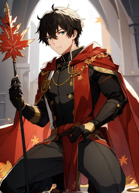 best quality, masterpiece, highres, male focus, 1boy, solo, bara, black hair, danheng, green eyes, detailed face, highly detailed, beautiful, beautiful lighting, blush, bulge, god rays, light rays, party, depth of field, formal, royal, mage, staff, bowing, swearing fealty, begging, praying, kneeling on one leg, sweating, sweat, cathedral, light armor, red fur cape, head facing up, mouth slightly open, light particles, magic, magical particles, grimace, veins, (Eachcolorblockisclearlydistinguished:1.1), maple leaves, maple leaf, maple tree, leaves, red leaves <lora:danheng:0.6>