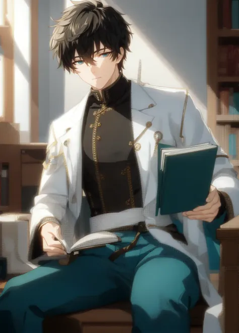 best quality, masterpiece, highres, male focus, 1boy, solo, bara, black hair, danheng, green eyes, looking at viewer, detailed face, highly detailed, bishounen, beautiful, beautiful lighting, blush, bulge, god rays, light rays, book, reading, sitting, depth of field, wooden floor, high collar, white and turquoise coat, <lora:danheng:0.6>