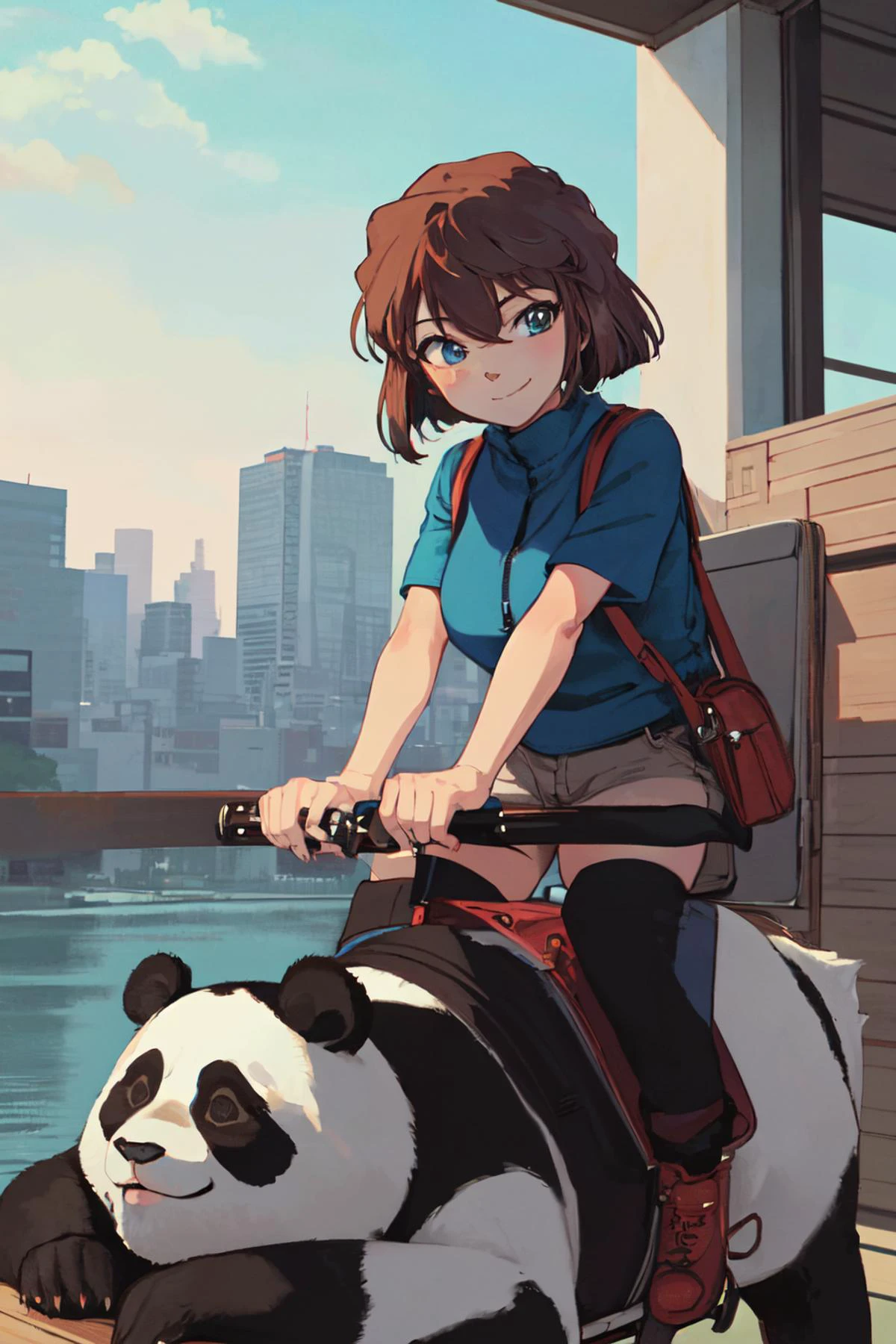 ((gril riding the big panda)) , break,
(masterpiece, best quality;1.3), extremely detailed CG, ultra detailed, 1girl, solo, smile, looking at viewer, stylish ungle, brown hair,
<lora:conan3:0.75> light smile, short hair,tokyo city, long shot,