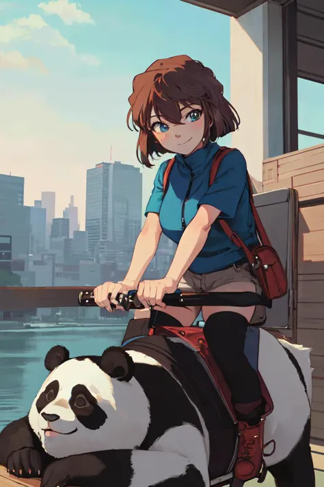 ((gril riding the big panda)) , break,
(masterpiece, best quality;1.3), extremely detailed CG, ultra detailed, 1girl, solo, smile,  looking at viewer, stylish ungle, brown hair, 
  <lora:conan3:0.75> light smile, short hair,tokyo city,  long shot,