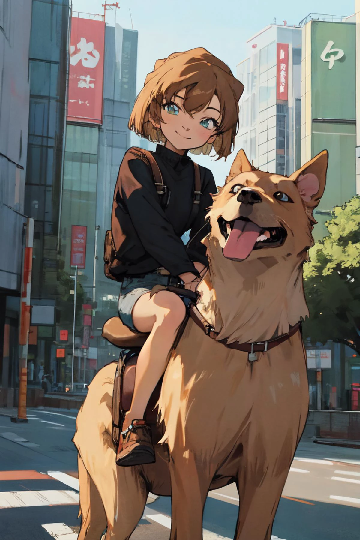 (masterpiece, best quality;1.3), extremely detailed CG, ultra detailed, 1girl, solo, smile, looking at viewer, stylish ungle,
BREAK, ((riding big dog)) ,BREAK, <lora:conan3:0.7>
light smile, short hair,tokyo city
