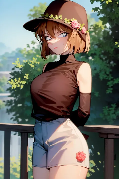 (((masterpiece))), (8k, high_resolution), cartoon, (distinct_image),((1girl, solo)) , extremely detailed CG, ((best quality)), (meitantei conan \(style\), detecive conan \(style\), meitantei conan), solo, beautiful eyes and detailed face, (abs:0.8), ((cowboy shot)),((1girl, solo)),  ((short hair)) <lora:haibara ai 001:1>, hands behind, arms behind back, hands behind back,