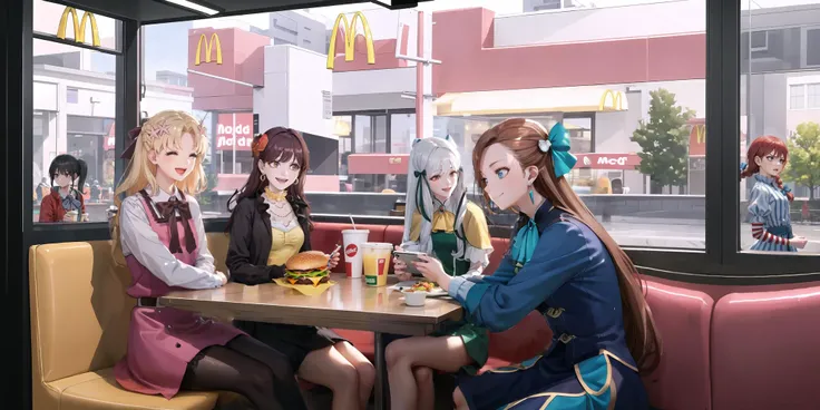 6girls, restaurant, fast food, fast food restaurant, sitting, table, burger, laughing, happy, window, colorful, mcdonald's, KatarinaClaes, asymmetrical bangs, earrings, hair bow, blue dress, long dress, high collar, ascot, brooch, white gloves, bracelet, <lora:Char_MyNextLifeAsAVillainess_KatarinaClaes:1>, SophiaAscart, long hair, hair ribbon, ascot, green dress, yellow bow, long sleeves, yellow capelet, <lora:Char_MyNextLifeAsAVillainess_SophiaAscart:1>, MariaCampbell, hair flower, hair ribbon, parted bangs, long hair, pink dress, white sleeves, long sleeves, bow, belt, <lora:Char_MyNextLifeAsAVillainess_MariaCampbell:1>, MaryHunt, hair flower, frilled dress, yellow dress, cleavage, choker, earrings, long sleeves, <lora:Char_MyNextLifeAsAVillainess_MaryHunt:1>, ffwendys, twin braids, hair bow, striped dress, striped sleeves, puffy sleeves, striped thighhighs, <lora:Char_Meme_Wendy:1>, <lora:yorumac_girlfriend-10:0.8> mcdgirlfriend, ponytail, red jacket, collared shirt, bow, skirt