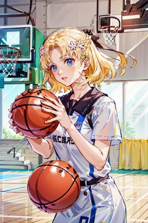 <lora:MariaCampbell:1> MariaCampbell, hair flower, hair ribbon, parted bangs, <lora:basket_uniform:0.55> wearing basket_uniform, inside basket field, (basketball:1.3),, ultra detailed, masterpiece, best quality, aesthetic, detailed,