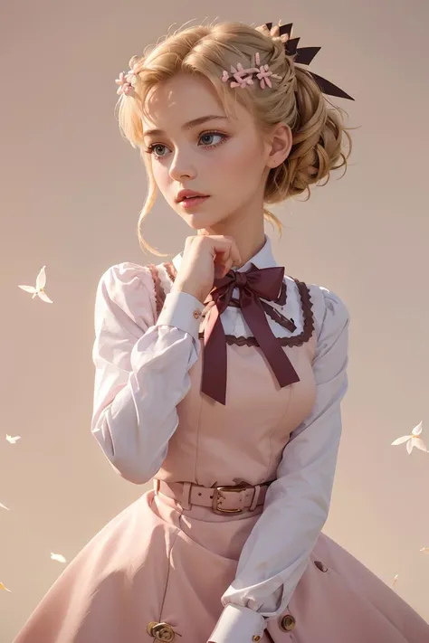 (masterpiece, best quality), 1girl, <lora:MariaCampbell:1> MariaCampbell, hair flower, hair ribbon, parted bangs , pink dress, white sleeves, long sleeves, bow, belt