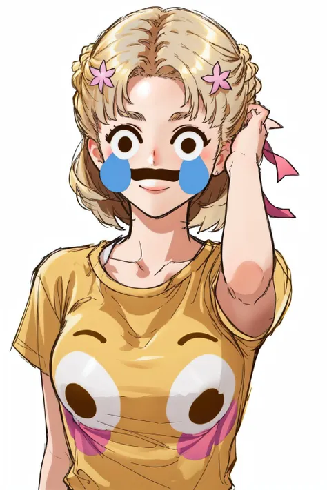 (masterpiece, best quality), intricate details,
1girl, <lora:CHAR-MariaCampbell:0.8> MariaCampbell, hair flower, hair ribbon, parted bangs,
<lora:FlushedEmojiShirt:1> IncrsEmojiShirt, yellow shirt <lora:lmfaoEmojiFace_cookedlmaoji:0.8> agonymouth, emoji style, emoji face, meme face