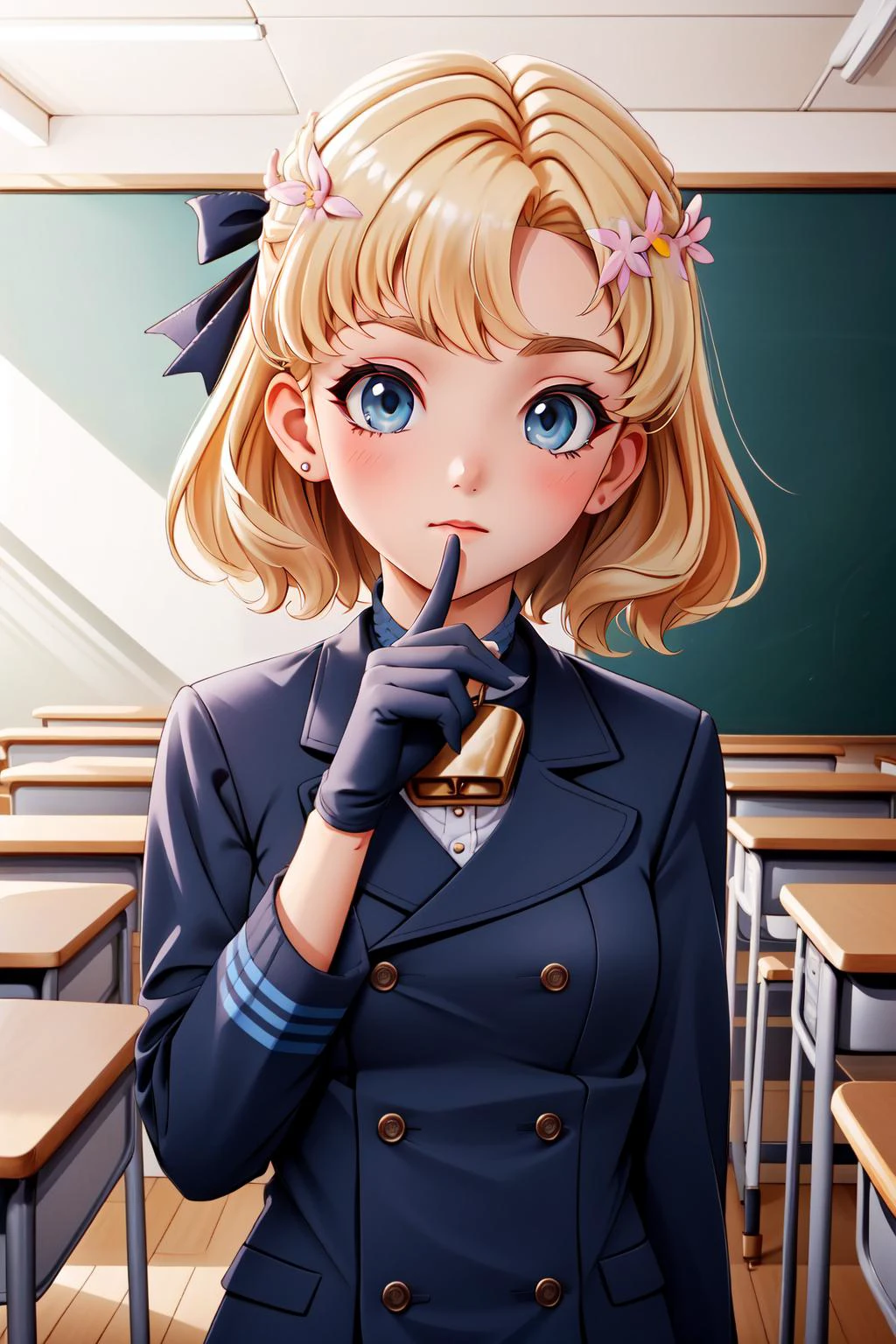 (masterpiece, best quality), intricate details,
1girl, <lora:CHAR-MariaCampbell:0.8> MariaCampbell, hair flower, hair ribbon, parted bangs,
sweating,
<lora:AkoClothingUniformBlueJackedTentedShirtV2:0.8> sideless tented shirt, ako uniform, blue jacket, long sleeves, black gloves, cowbell, neck bell,
Classroom, desks,