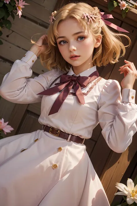 (masterpiece, best quality), 1girl, <lora:MariaCampbell:1> MariaCampbell, hair flower, hair ribbon, parted bangs , pink dress, white sleeves, long sleeves, bow, belt