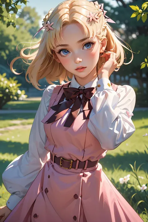 (masterpiece, best quality), 1girl, <lora:MariaCampbell:1> MariaCampbell, hair flower, hair ribbon, parted bangs , pink dress, white sleeves, long sleeves, bow, belt