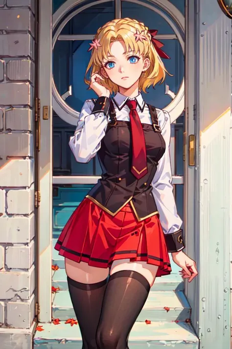 <lora:MariaCampbell:1> MariaCampbell, hair flower, hair ribbon, parted bangs, <lora:bible_black_uniform_v5:0.55> bbuniform, thighhighs, ultra detailed, masterpiece, best quality, aesthetic, detailed,