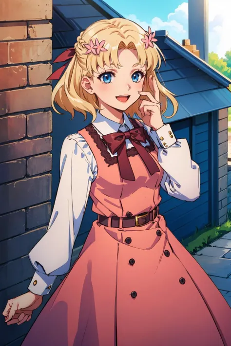 masterpiece, best quality, cowboy shot, <lora:CHAR-MariaCampbell:1> MariaCampbell, hair flower, hair ribbon, parted bangs, pink dress, white sleeves, long sleeves, bow, belt, cowboy shot, smile, :D