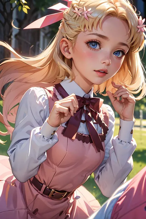 (masterpiece, best quality), 1girl, <lora:MariaCampbell:1> MariaCampbell, hair flower, hair ribbon, parted bangs , pink dress, white sleeves, long sleeves, bow, belt