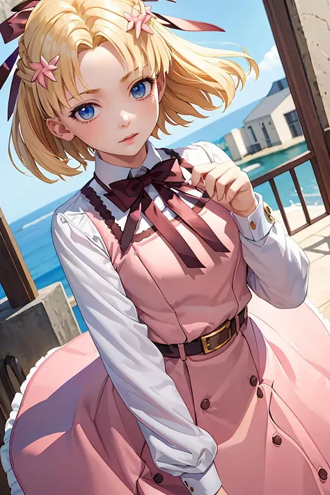 (masterpiece, best quality), 1girl, <lora:MariaCampbell:1> MariaCampbell, hair flower, hair ribbon, parted bangs , pink dress, white sleeves, long sleeves, bow, belt