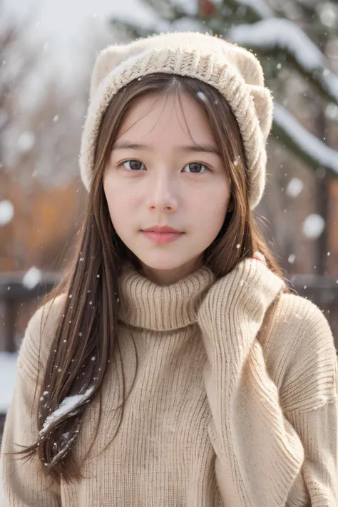 masterpiece, best quality, raw photo, realistic, 1girl, (helf-length portrait:1.5), long hair, sweater, sweater hat, supporting head on hands, (cute face, temptations look), snowing background, (sepia photography), (professional photo, balanced photo, balanced exposure)
