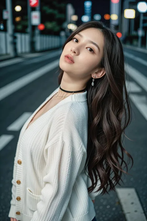 (masterpiece:1.35),(best-quality:1.4), 8k, ultra-detailed, photography, (ultra-realistic:1.4), film grain, portrait photo of 22 years old J-pop girl in white cardigan, (flowing long hair, run her hand through her hair), earrings, choker, cleavage, pale skin, (pout, thin lip), hard shadows, night street background, (instagram photo), (low angle shot, shot from below:1.2),  <lora:hinaMaybeBetterPose_v3:0.46>