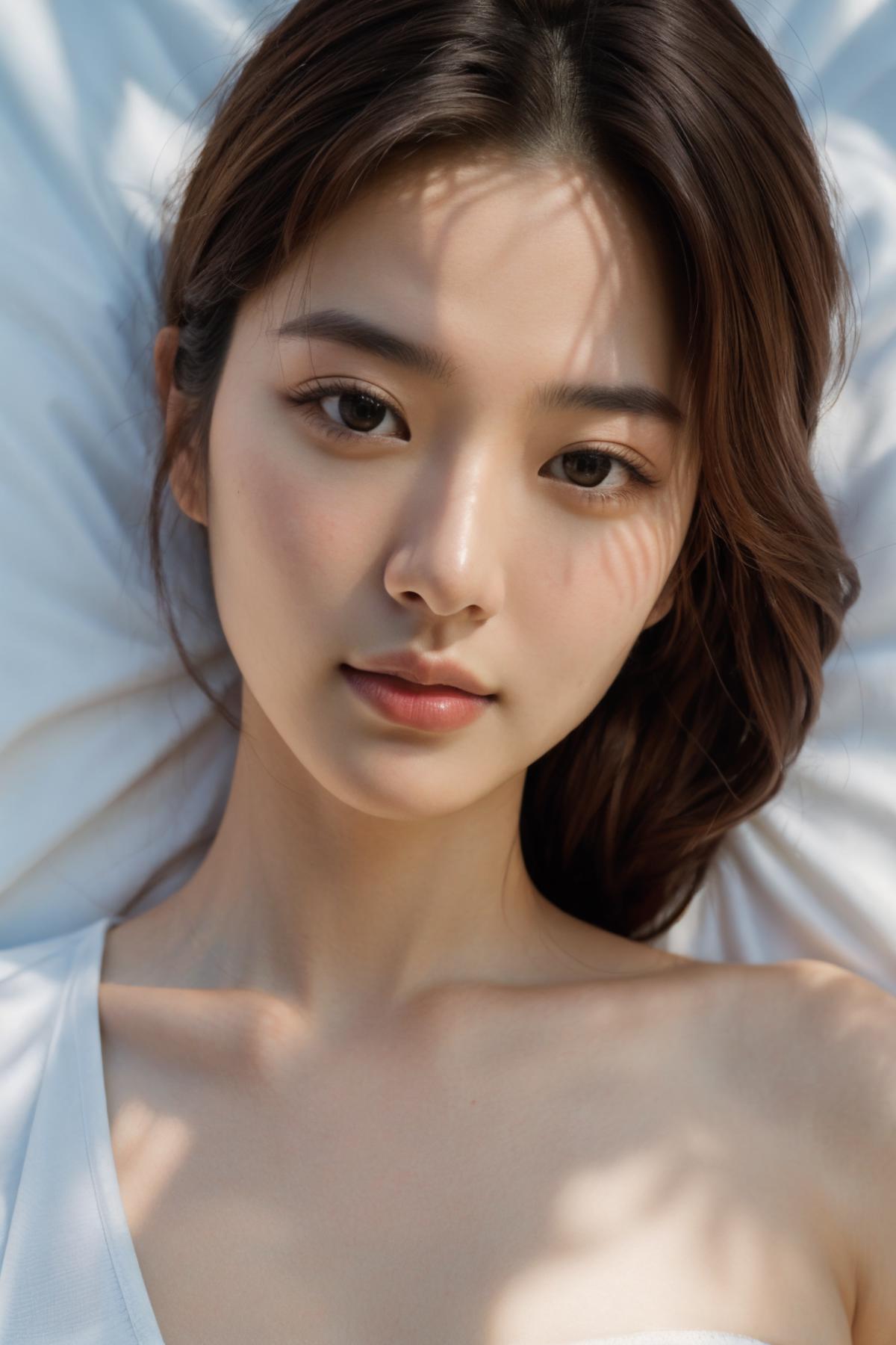 A woman laying in bed with a white sheet on her head - SeaArt AI