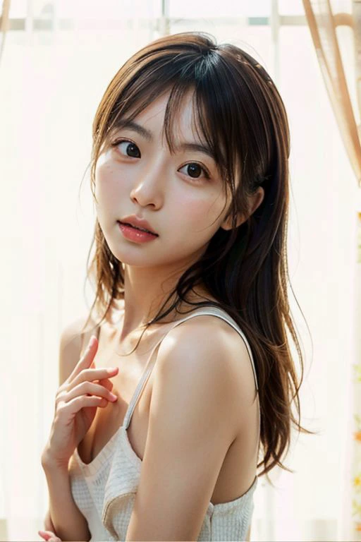 Nsfw, A small breasts light brown hair asian Woman, bestquality, photo realistic portrait , fair skin, ((symmetrical eyes)), small breastspoint of view