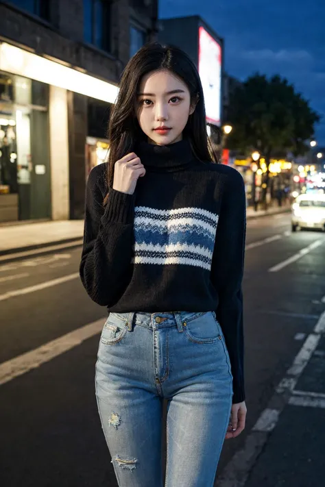 a girl, perfect face, upper body, night city street, from front, facing to viewer, two hands in front of chests, face to face, yuppy style, blue turtleneck sweater, dark denim jeans, leather boots, elegant,