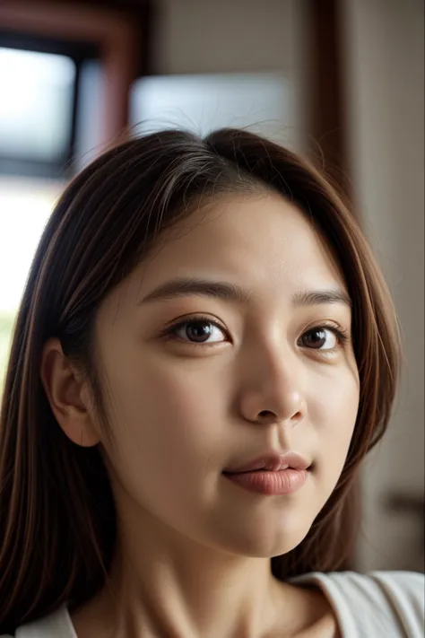 portrait photo of a 20 years old woman, shy, brown hair, close shot, bedroom, (low angle), (posing to viewer),
