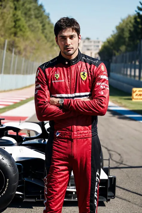 adult man, posing to viewer, solo:1, pov, (face upward:0.37), ferrari F1 background, long shot, full body, sport suit