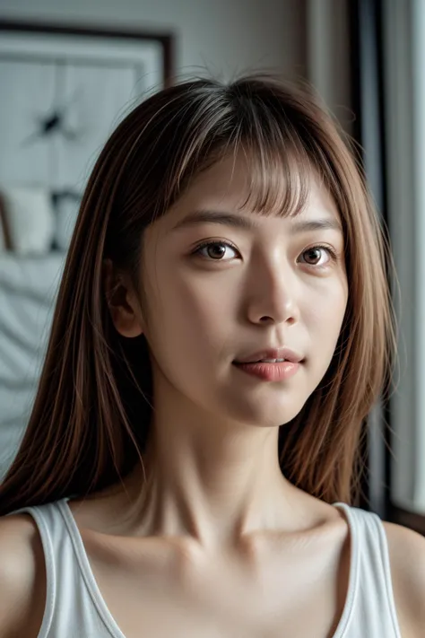 portrait photo of a 20 years old woman, shy, brown hair, close shot, bedroom, (low angle), (posing to viewer),