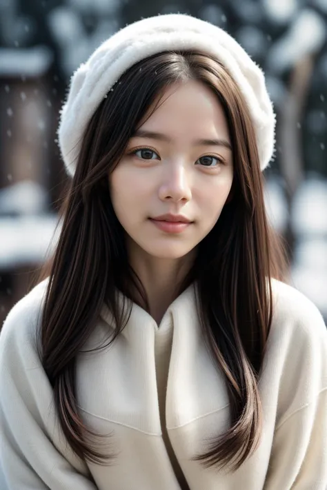 masterpiece, best quality, raw photo, realistic, 1girl, (helf-length portrait:1.5), long hair, white sweater, sweater hat, supporting head on hands, (cute face, temptations look), (snowing background), (sepia photography), (professional photo, balanced photo, balanced exposure)