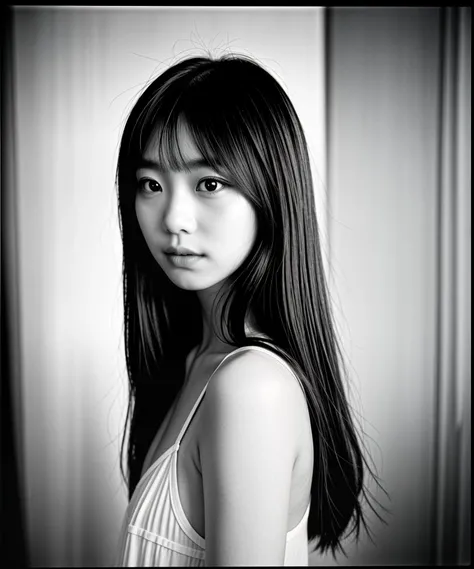masterpiece, best quality, analogue photo of asian girl, long hair, eye level, high key lighting, photo by Leica M3 with 50mm lens, Tri-X 400 black and white film, (documentary photography, professional photo, balanced photo, balanced exposure)