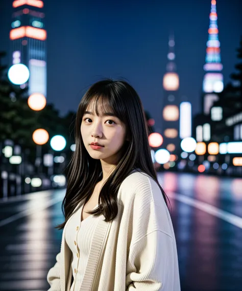 [masterpiece, best quality, very aesthetic, best-quality, 8k, ultra-detailed], photography, (ultra-realistic), film grain, portrait photo of 20 years old woman in white cardigan, outdoor, clearly 
background, night street in Tokyo and Tokyo tower in the background.