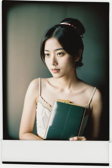 1girl, Faded Polaroid Photo, Awe-Inspiring Sultans dark green Macanese [Pain au chocolat|Pencil], it is sleek, it has magnificent details, analog, old faded photo, old polaroid