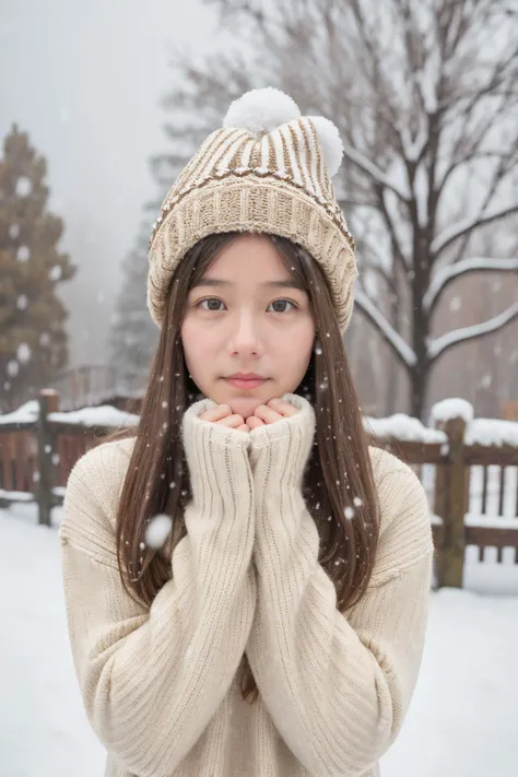 masterpiece, best quality, raw photo, realistic, 1girl, (helf-length portrait:1.5), long hair, sweater, sweater hat, supporting head on hands, (cute face, temptations look), snowing background, (sepia photography), (professional photo, balanced photo, balanced exposure)