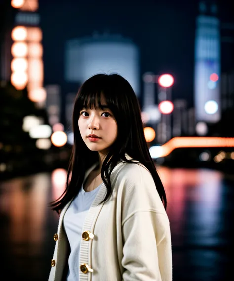 [masterpiece, best quality, very aesthetic, best-quality, 8k, ultra-detailed], photography, (ultra-realistic), film grain, portrait photo of 20 years old woman in white cardigan, outdoor, clearly 
background, night street in Tokyo and Tokyo tower in the background.