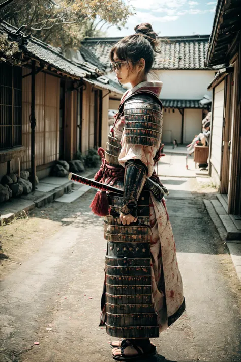 <lora:Samurai_20240302035502:0.78>, ((Samurai,weapon,armor,sword,japanese armor, holding katana, holding weapon,shoulder armor,blood,sheathed,gloves,japanese clothes,blood splatter,)):1.23,
BREAK 1woman, adorable, clear face, solo, (full body:1.35), ((a woman wear a glasses)):1.1,
BREAK perfect(anatomy,body,face,hand,leg,foot,fingers), ((multicolor pink red hairs, very long hairs, ponytail hairs)):1.15, cleavage,
BREAK soft light, light on face, cinematic lighting, dynamic(angle, posture), detailed(shadow, lightning),
BREAK beautiful detailed woman, glossy pink lips, ((milky skin, shiny skin)), makeup, blush,eyeliner, eyeshadow, eyelashes, textured skin, collarbone, perfect skin,
BREAK <lora:more_details:0.72>, extremely detailed, CG, finely detail, (masterpiece:2.0, best quality), (intricate details, depth of field),
BREAK <lora:uber_saggy2:0.67>, <lora:oppai_control_v1.0:1.5>, saggy, sagging_breasts, ((huge breasts)),
battle field, war, castle, outdoors, wind,