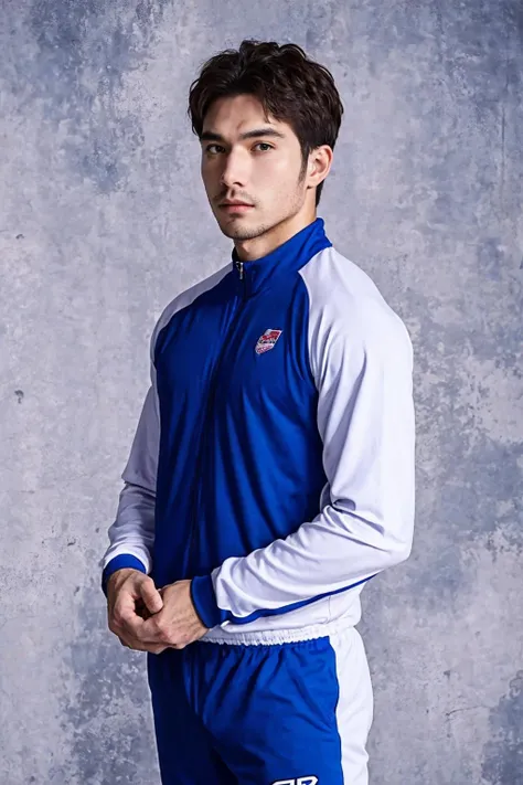 a man:1.3 standing, looking to viewer, pov, upper body, simple background, sport suit