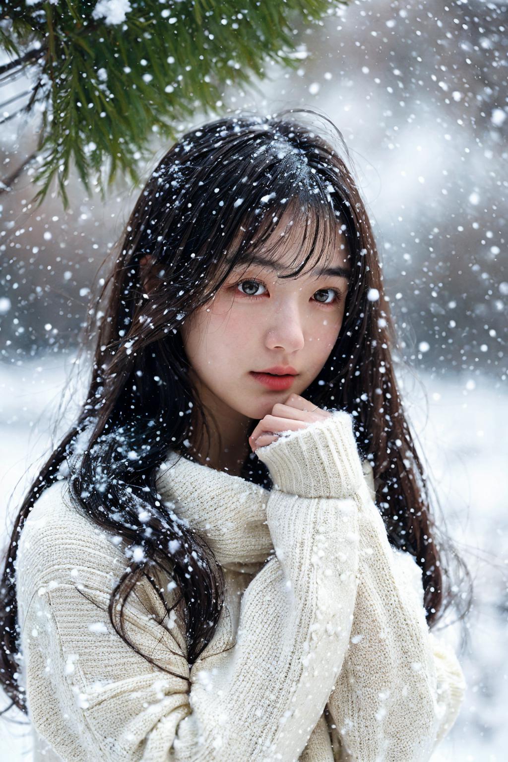 A woman in a white sweater is standing in the snow - SeaArt AI