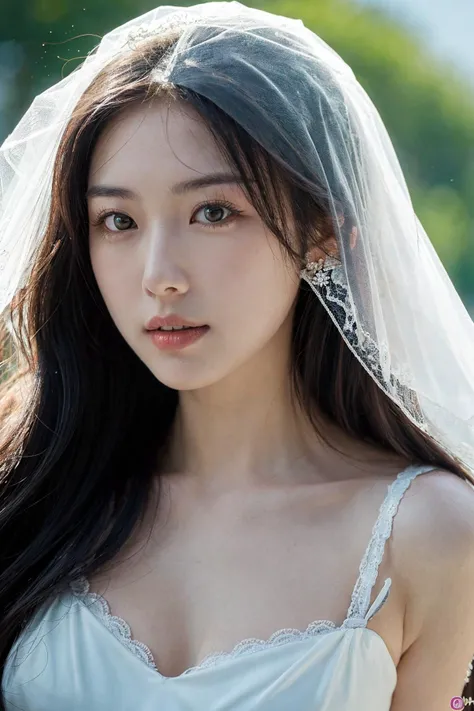 adult lady, posing to viewer, solo:1, pov, long hair, upper body, ((close shot)), simple background, white wedding lace dress,