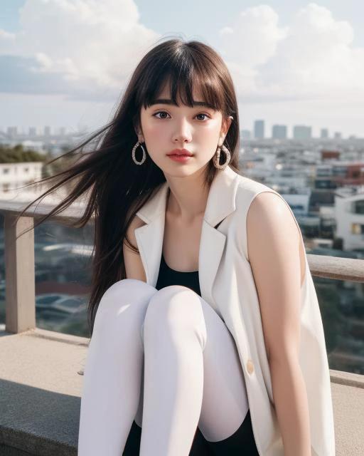 masterpiece,best quality,highres,4k,8k,intricate detail,cinematic lighting,amazing quality,(wallpaper:0.9),perfect anatomy,intricate detail,realistics,
1girl detailed,nature,photography,photography-color,portraits,urban-life,vibrant (lofi, analog, Fuji film,low saturation),
delicate facial features,look at the camera,positive shot,full_shot,
white_skin,incredibly,diamond face,forehead,,sleeveless,stand,air bangs,very long hair,canonicals,earrings,Smooth legs,straight_hair,in summer,dripping,white vest,black leggings,black and white short coat,sunset,cloud,cityscape,white skinny shorts,face soft light,