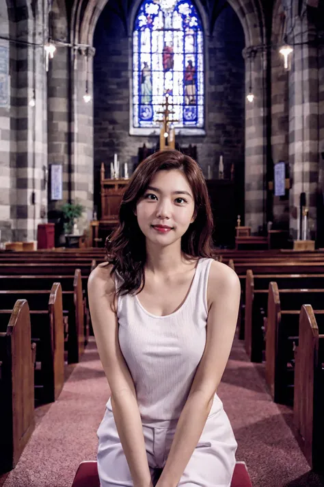 adult lady, posing to viewer, solo:1, pov, (face upward:0.37),
church background, full body, white top tank,