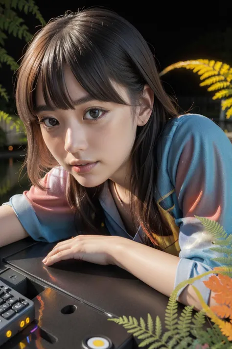 1girl, (angular art by Jeppe Hein:1.3) , dramatic wall Graffiti, Iridescent explosions, close-up shot of a Slate Gray and Lemon Yellow TaishÅ Era ([Desktop computers|Fern]:1.3) , it is very Radiant and Discouraged, it is anthropomorphic with a face, it is with dark pink trimmings, fairy tale, Large St. Stephen's Cathedral in background, autumn pond with Rose, Stormy weather, Bokeh, Detailed illustration, Fearful, Bimbocore, Charcoal lighting, Depth of field 270mm, Monochrome, made of Galaxy, dripping DayGlo blue and Orange, professional, contest winner, emotional