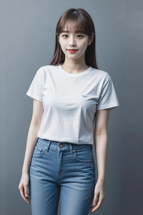 <lora:lnchuu:0.6> lnchuu, small proportion,
1girl, solo, realistic, looking at viewer, facing viewer,
(smile:0.8),
grey background,
standing, thighs,
white t-shirt, skinny jeans, (high quality:1.4), (photorealistic:1.6), 8k, uhd, highres, absurdres, professional photo, highly detailed, detailed skin, masterpiece, (hyperrealism)