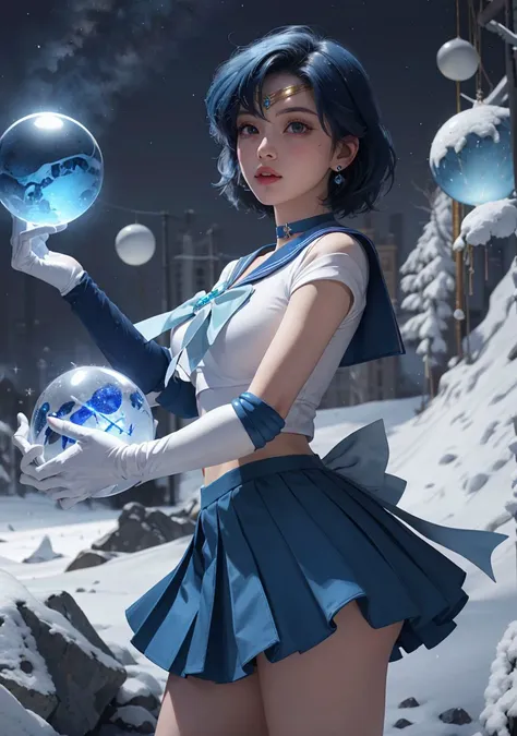 masterpiece, best quality, highres, mer1, tiara, sailor senshi uniform, blue sailor collar, bow, knee boots, choker, white gloves, blue choker, elbow gloves, jewelry, earrings, blue skirt, <lora:mercury_v2:0.7>, cowboy shot, orb, crystal ball, <lora:Orbs-V1:0.5>,