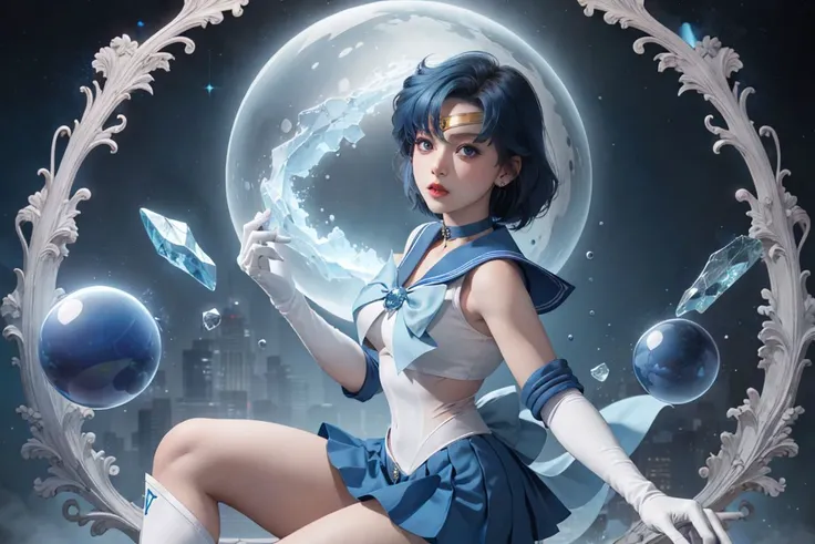 masterpiece, best quality, highres, mer1, tiara, sailor senshi uniform, blue sailor collar, bow, knee boots, choker, white gloves, blue choker, elbow gloves, jewelry, earrings, blue skirt, <lora:mercury_v2:0.7>, cowboy shot, orb, crystal ball, <lora:Orbs-V1:0.5>,