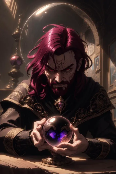 orb, <lora:Orbs-V1:1>, crystal ball, (masterpiece), (extremely intricate), fantasy, (((photorealistic photo of an evil hermit, male, villain, anti hero, evil face, masculine face, medium hair, Maroon hair, wicked, cruel, sinister, malicious, ruthless, masculine, athletic))), (((dark bloody clothing, intricate details on clothing))), (perfect composition:1.4), aspect ratio 1:1, beach, deviantart hd, artstation hd, concept art, detailed face and body, award-winning photography, margins, detailed face, professional oil painting by Ed Blinkey, Atey Ghailan, Jeremy Mann, Greg Manchess, Alex Gray, trending on ArtStation, trending on CGSociety, intricate, high detail, sharp focus, dramatic, award winning matte drawing cinematic lighting octane render unreal engine volumetrics dtx